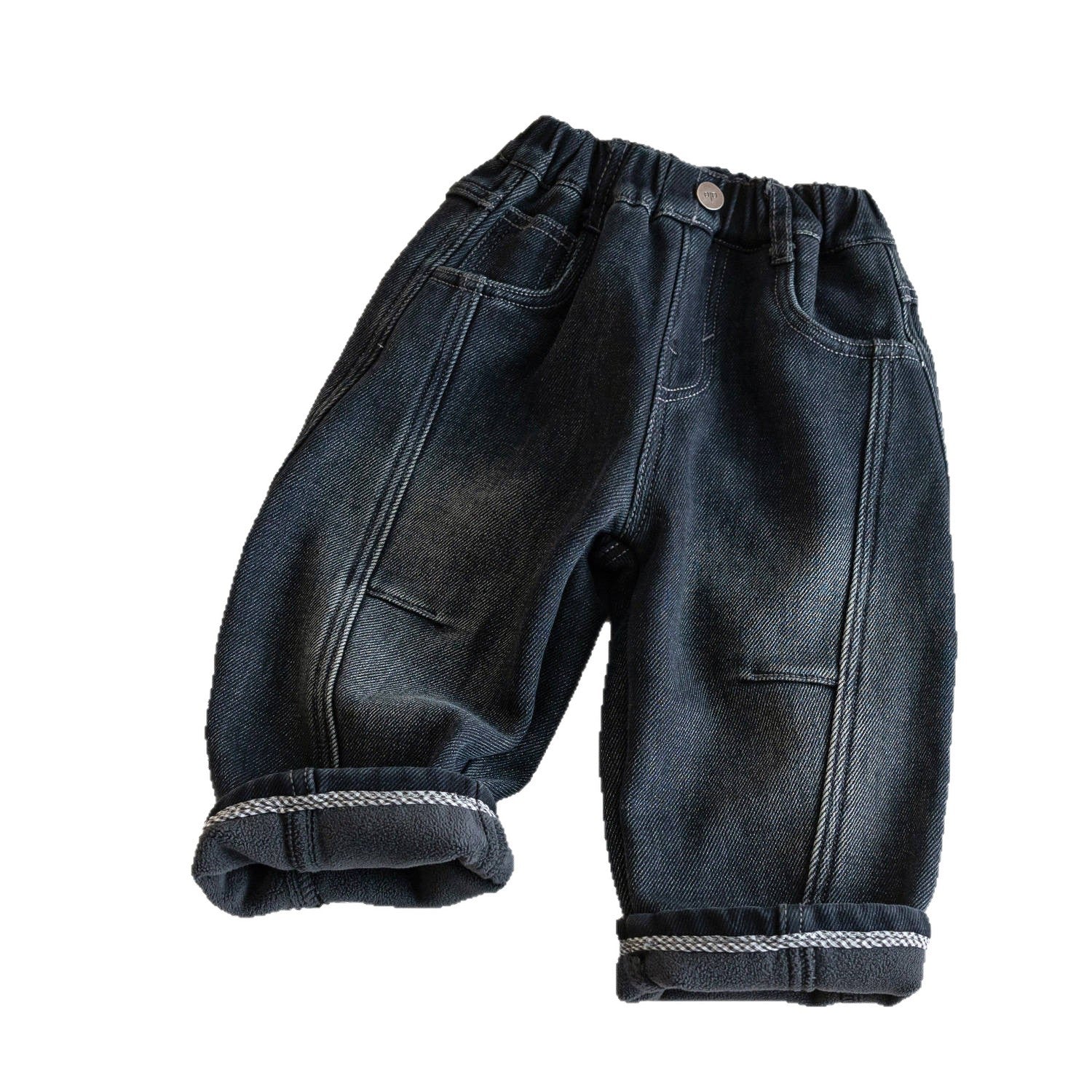 Kids' fleece-lined jeans, new autumn/winter style, thickened fleece-lined casual pants for toddlers and babies, warm winter wear.