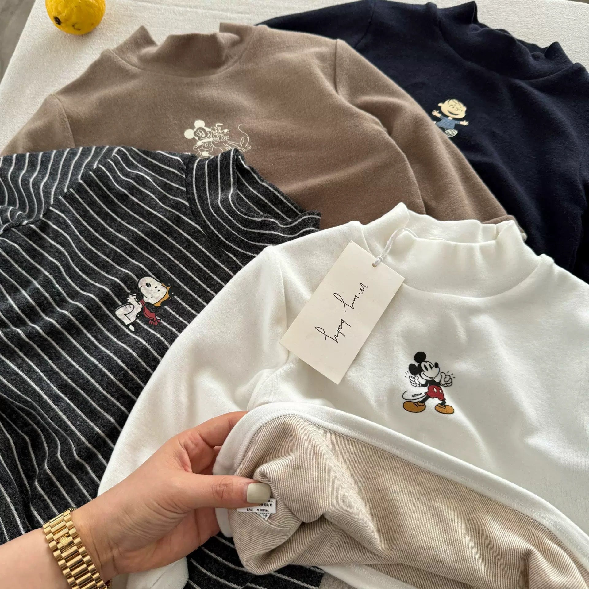 Children's Thickened Winter New Style 2025 Base Layer Shirt Boys' Striped Top Trendy Baby Cartoon T-Shirt Girls' Cashmere