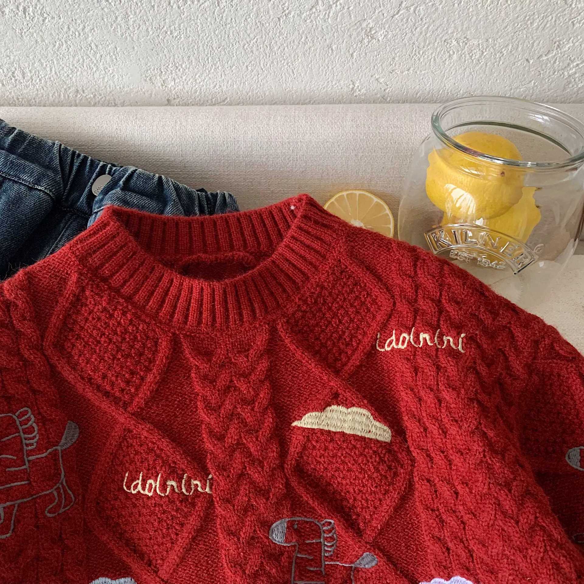 Children's New Year Red Sweater, Autumn/Winter 2025, Boys' Cartoon Pony Embroidered Pullover Knitwear, Baby Toddler New Year's Greeting Outfit