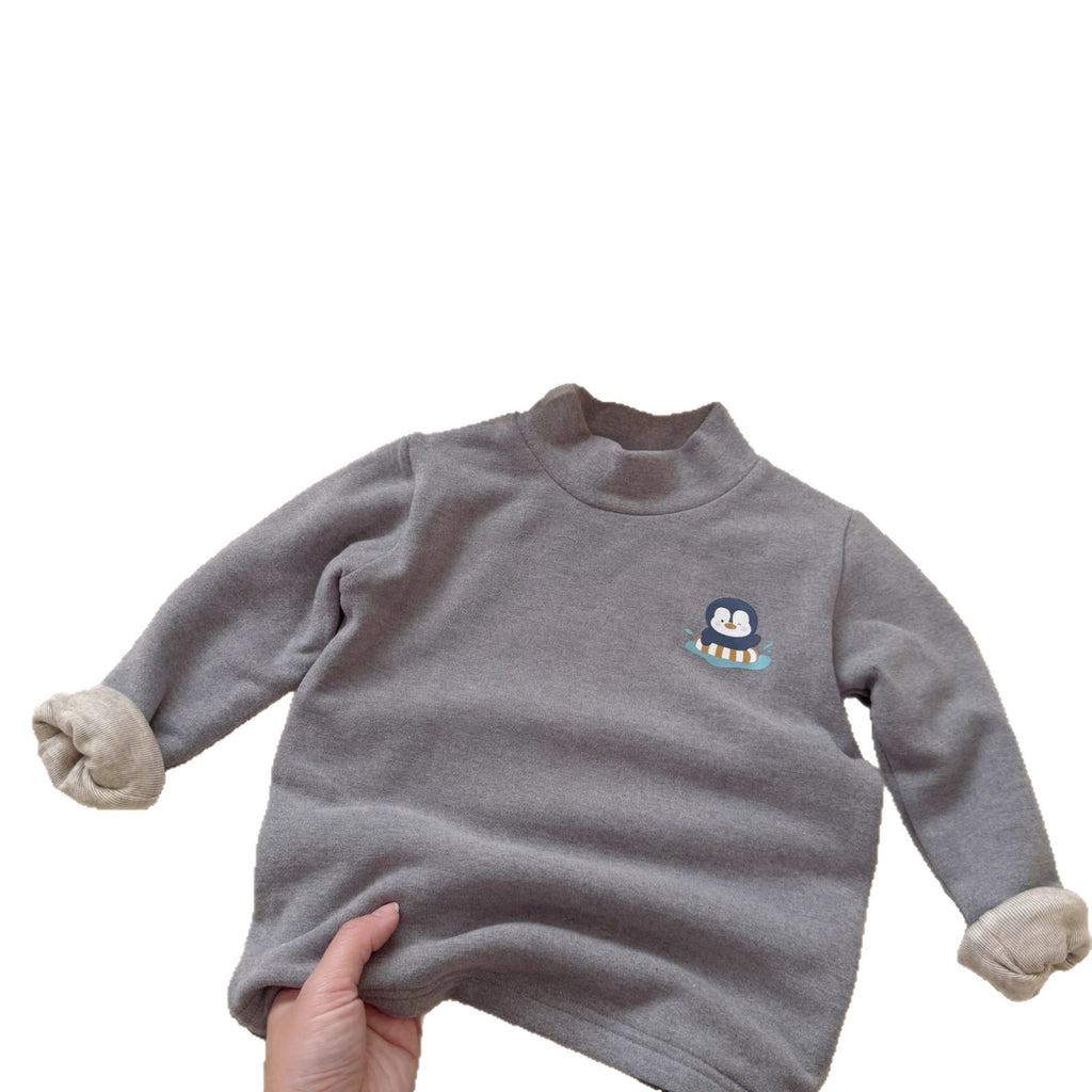 Winter boys' fleece-lined thickened T-shirt, double-layered, high-neck, warm, reversible winter base layer.