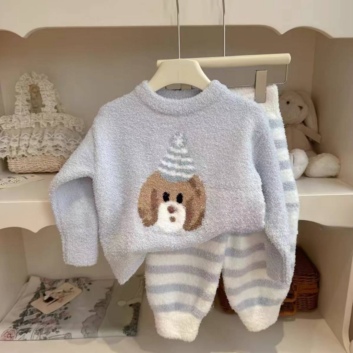 2025 Autumn/Winter Pajamas, Thickened Children's Home Wear Set, Girls' Half-Fleece Side, Boys' Outerwear, Two-Piece Winter Set