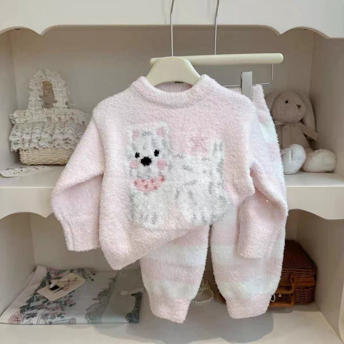 2025 Autumn/Winter Pajamas, Thickened Children's Home Wear Set, Girls' Half-Fleece Side, Boys' Outerwear, Two-Piece Winter Set