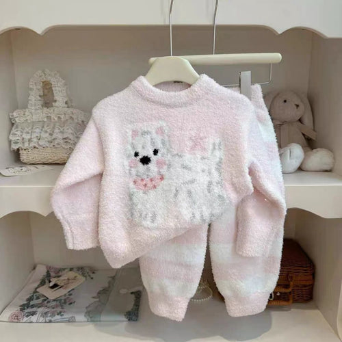 2025 Autumn/Winter Pajamas, Thickened Children's Home Wear Set, Girls' Half-Fleece Side, Boys' Outerwear, Two-Piece Winter Set