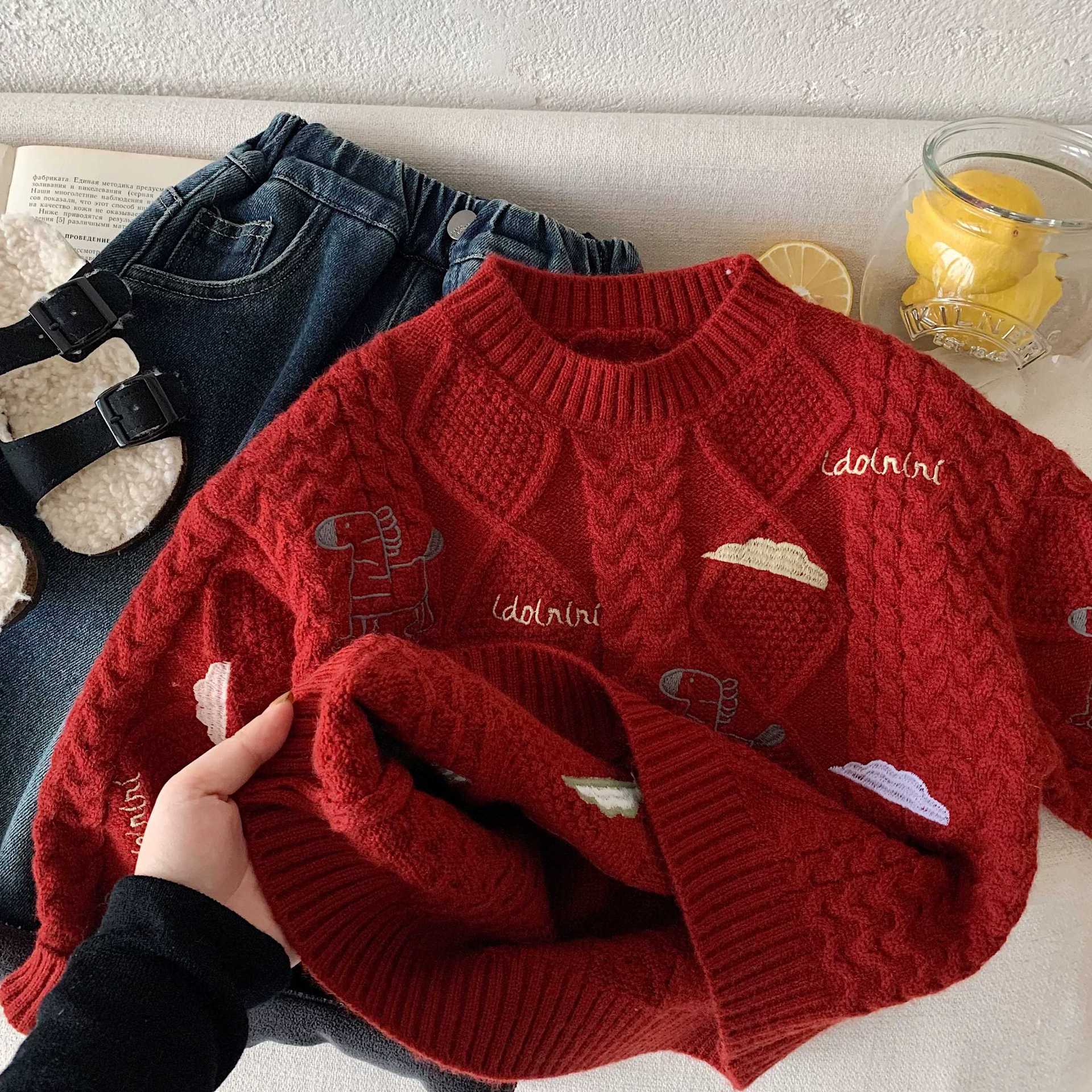 Children's New Year Red Sweater, Autumn/Winter 2025, Boys' Cartoon Pony Embroidered Pullover Knitwear, Baby Toddler New Year's Greeting Outfit