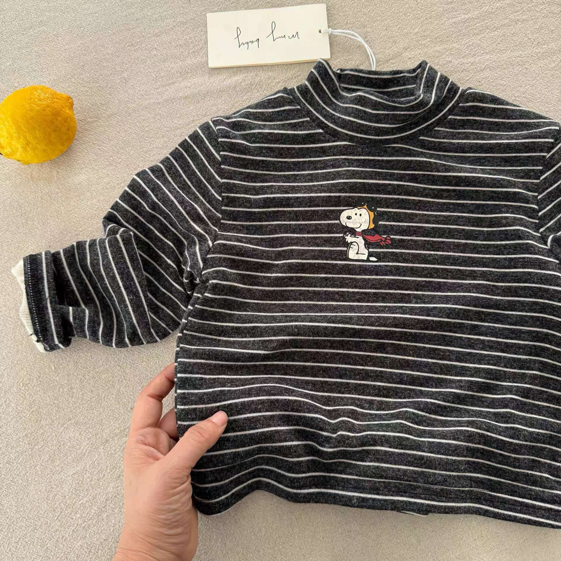 Children's Thickened Winter New Style 2025 Base Layer Shirt Boys' Striped Top Trendy Baby Cartoon T-Shirt Girls' Cashmere