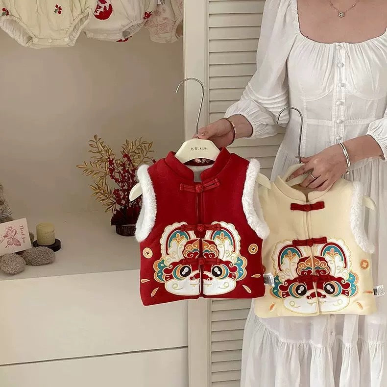 Children's vest, autumn and winter style, boys' outerwear, fleece-lined vest, girls' winter clothing, Chinese style, baby's first birthday dress, winter.