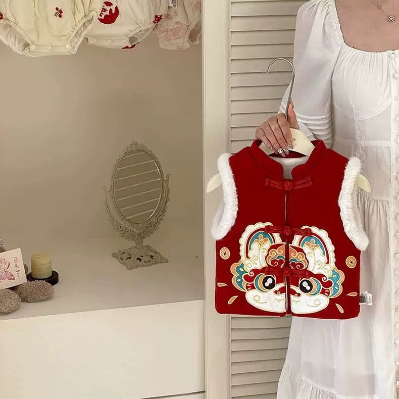 Children's vest, autumn and winter style, boys' outerwear, fleece-lined vest, girls' winter clothing, Chinese style, baby's first birthday dress, winter.
