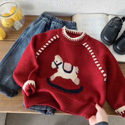 2026 New Year Sweater for Baby Boys, Thickened Warm Knitted Sweater, Children's Year of the Horse New Year's Sweater