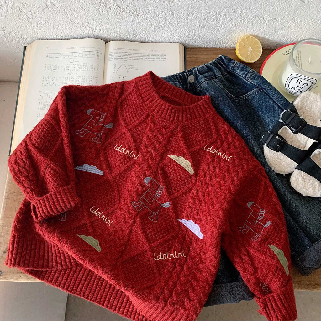 Children's New Year Red Sweater, Autumn/Winter 2025, Boys' Cartoon Pony Embroidered Pullover Knitwear, Baby Toddler New Year's Greeting Outfit