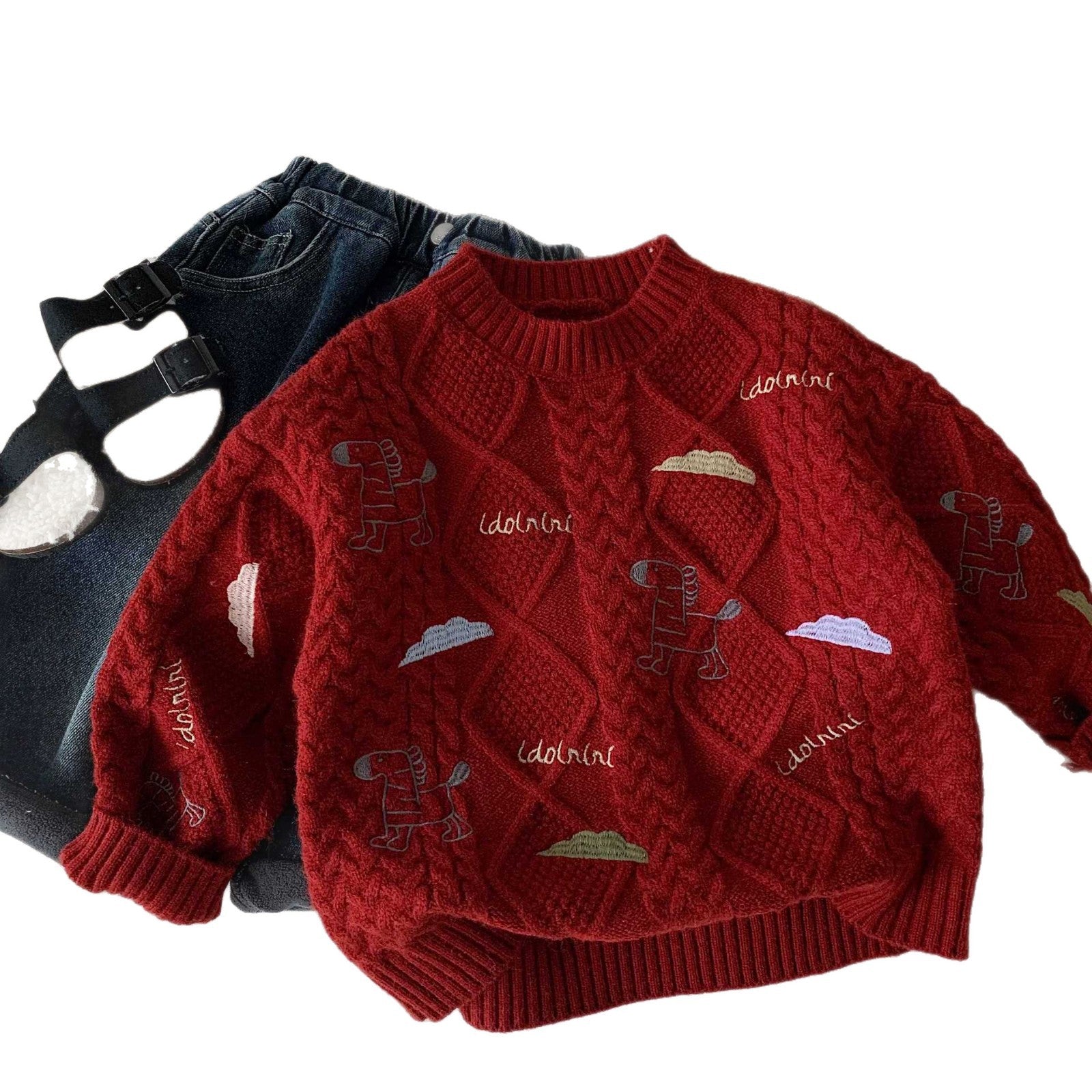 Children's New Year Red Sweater, Autumn/Winter 2025, Boys' Cartoon Pony Embroidered Pullover Knitwear, Baby Toddler New Year's Greeting Outfit