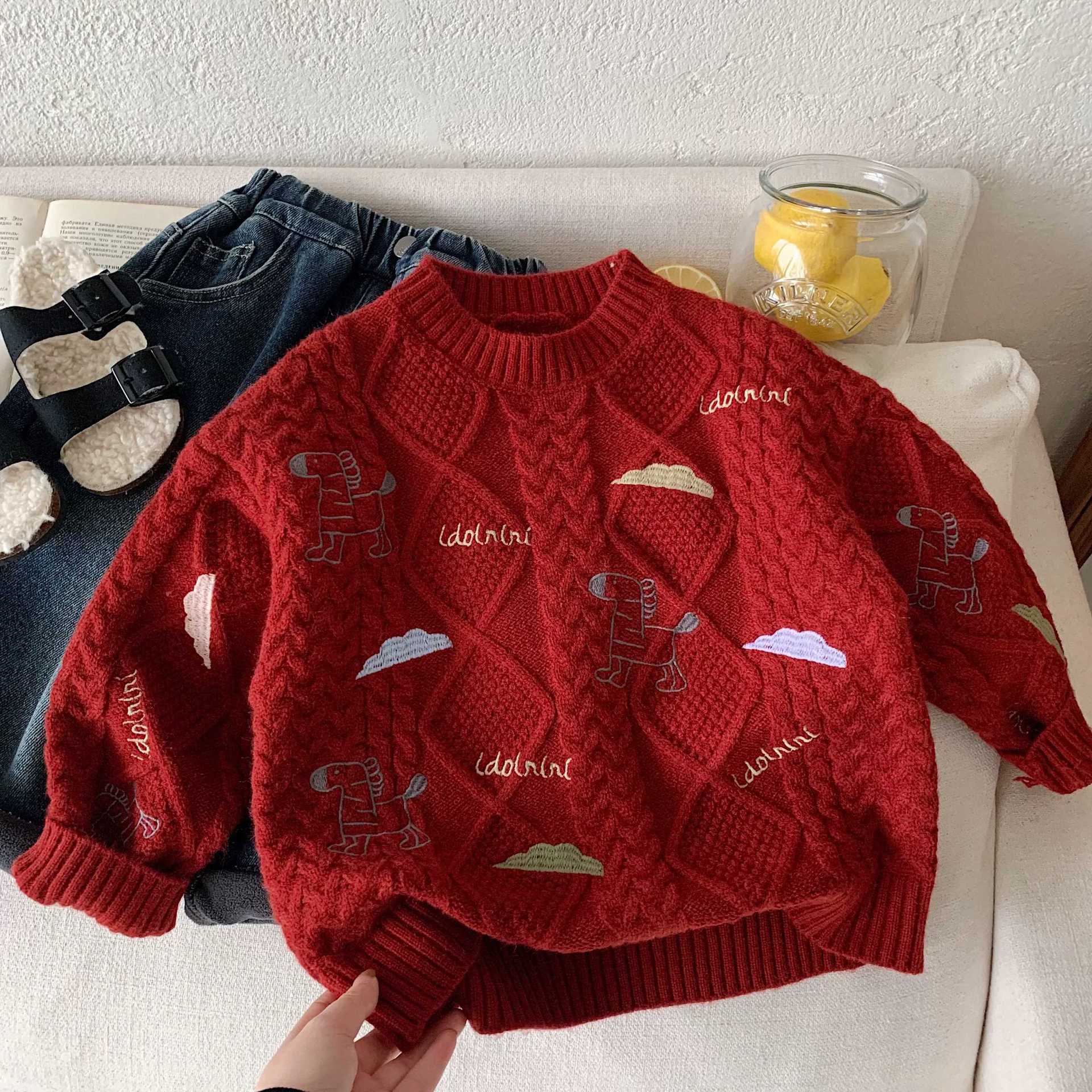 Children's New Year Red Sweater, Autumn/Winter 2025, Boys' Cartoon Pony Embroidered Pullover Knitwear, Baby Toddler New Year's Greeting Outfit