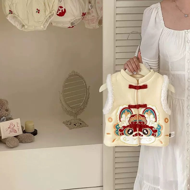 Children's vest, autumn and winter style, boys' outerwear, fleece-lined vest, girls' winter clothing, Chinese style, baby's first birthday dress, winter.