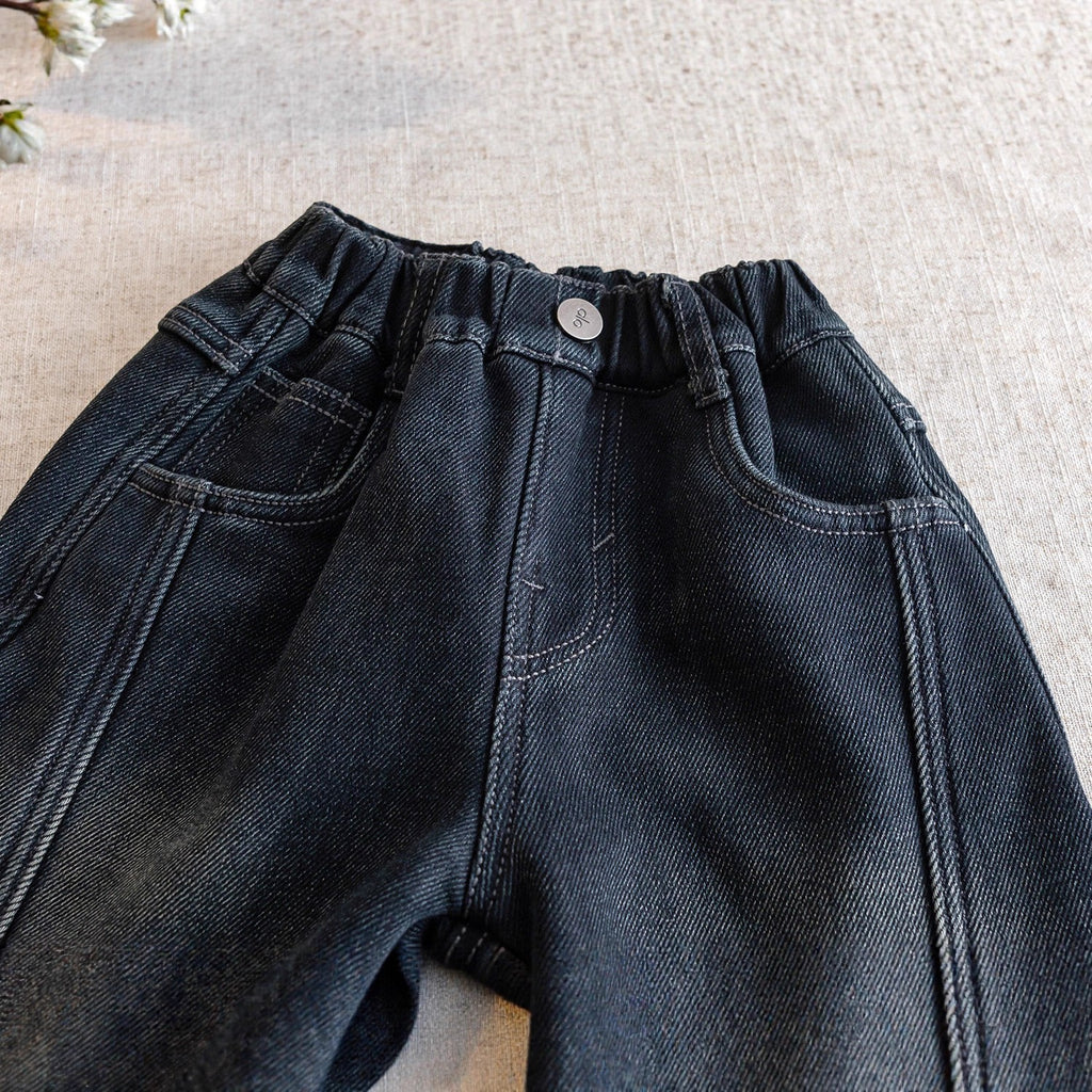 Kids' fleece-lined jeans, new autumn/winter style, thickened fleece-lined casual pants for toddlers and babies, warm winter wear.